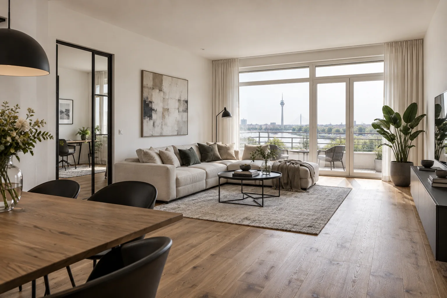 Visualisierung eines renovierten Wohnraums mit Holzboden