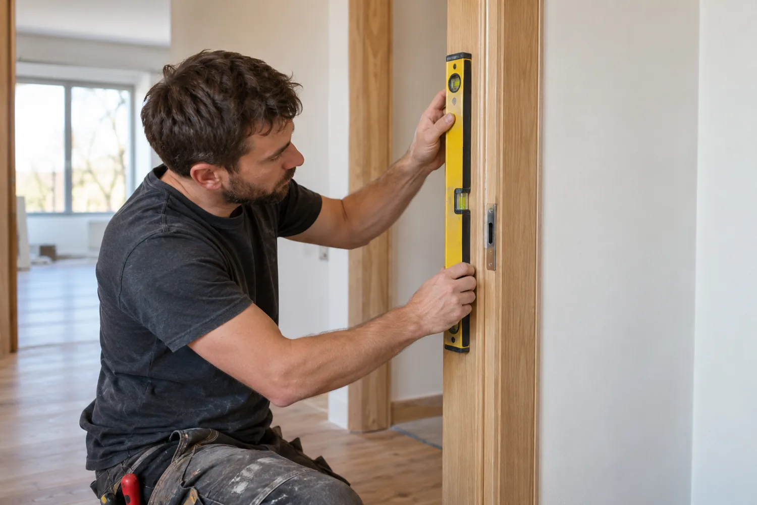 Illustrative Szene beim Einbau einer Innentürzarge mit Wasserwaage