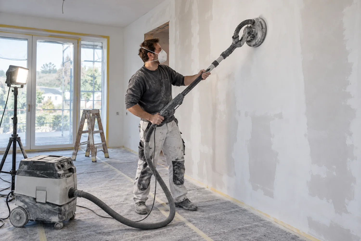 Illustrative Szene beim Schleifen einer gespachtelten Wand mit Absaugung