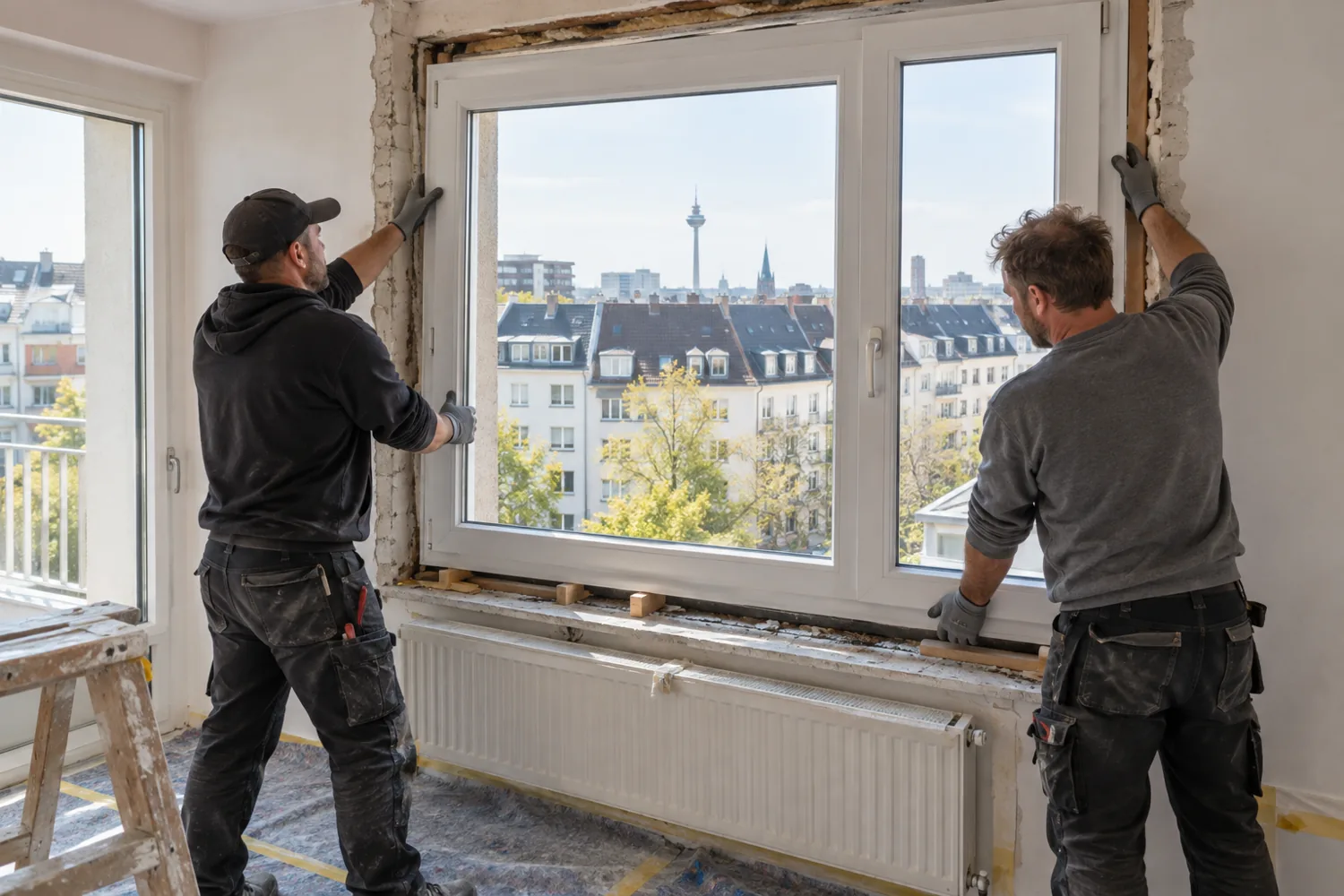 Illustrative Szene beim Einsetzen eines neuen Fensterelements